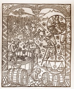 Hirtenkalender - Die Arbeiten der Monate - Oktober - Holzschnitt aus dem Buch von 1496, gedruckt von Guy Marchant (Guido Mercator) in Troyes - Holzgravur in „Le grand Calendrier et compost des shepherds“ - Die Ernte - und die Tierkreiszeichen von Guy Marchant