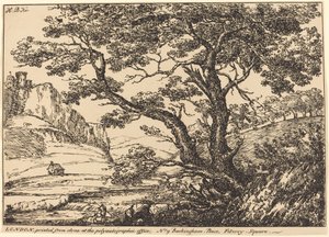 Landschaft mit großem Baum, Schloss links