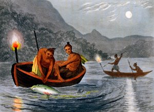 Ureinwohner Amerikas beim Fischen mit Fackeln in Nordamerika, 1813