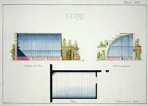 Entwurf für ein Gewächshaus mit gebogenen Glaswänden und -dach, aus einem Folio mit Originalzeichnungen im klassischen und frühen Belle-Epoque-Stil, ca. 1870