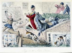 Kampf zwischen einem Bauern und einem Jäger. Englische Karikatur über die Fuchsjagd aus den „Abenteuern von Thomas Scott oder Hawbuck Grange“, Illustration von H.K. Browne und W.T. Maud.
