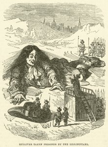 Gulliver wird von den Lilliputanern gefangen genommen (Gravur)