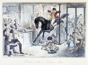Pferdejäger, der versehentlich in ein Stoffgeschäft eindringt. Englische Karikatur über die Jagd aus „Abenteuer von Thomas Scott oder Hawbuck Grange“, Illustration von H.K. Browne und W.T. Maud