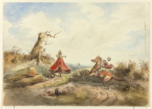 Pferd mit Reiter scheut vor Frau mit Hund