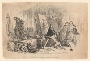 In seinem Atelier hält Henry Gowan seinen Hund zurück, der gerade den Verbrecher Rigaud erkannt hat von Hablot Knight Browne