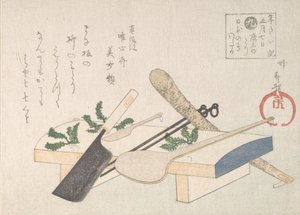 Küchengeräte mit Grünzeug für die Zeremonie am 7. Januar, 19. Jahrhundert von Hachifusa Shuri
