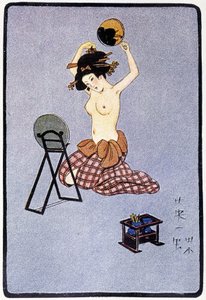 Junge Japanerin entkleidet ihre Frisur - in „Japanische Puppe“ von Félicien Champsaur, ill. Hanafusa Itcho, Paris