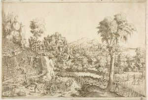 Landschaft mit einem Weinberg, in der Mitte ein mit Stangen beladener Wagen