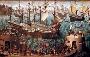 Einschiffung von Heinrich VIII. in Dover auf der Galeone Henri Grace a Dieu anlässlich des Handelsabkommens mit François I. am 7. Juni 1520 von Hans (after) Holbein the Younger