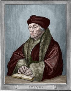 Porträt von Erasmus von Rotterdam (1469-1536), niederländischer Humanist. Gravur nach dem Original von Hans Holbein dem Jüngeren (1497-1543). Gravur von 1859 in „Die Galerien Europas - Italien“ von Armengaud. Private Sammlung. von Hans (after) Holbein the Younger