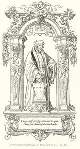 Porträt des niederländischen Renaissance-Humanisten Desiderius Erasmus mit ornamentalem Rahmen (Gravur)
