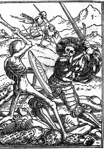 Der Scheintod von Hans Holbein dem Jüngeren: der Soldat. Ein Soldat kämpft gegen den Tod; zu ihren Füßen liegen die Leichen anderer Krieger. Gravur