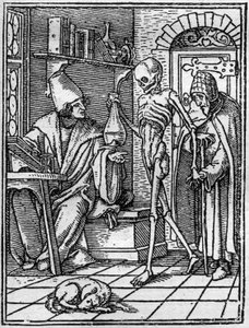 Die Simulakren des Todes von Hans Holbein dem Jüngeren: der Arzt. Der Tod kommt zwischen den Arzt und seinen Patienten. Gravur