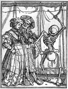 Die Simulakren des Todes von Hans Holbein dem Jüngeren (1497-1543): die Eheleute. Der Tod spielt die Trommel vor einem Paar. Gravur.