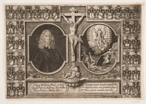 Gregers Friis til Ålstrup samt Christus am Kreuz und Christi Auferstehung. Umgeben von Wappenschildern