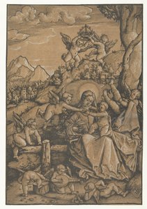 Maria mit Kind und acht Engeln in einer Landschaft