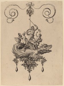 Entwurf für ein Anhänger mit einem Seeungeheuer, das Neptun trägt, flankiert von zwei Figuren