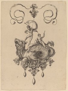 Entwurf für ein Anhänger mit einem Seeungeheuer, das Thetis und einen Mann mit einem Segel trägt