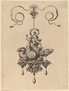 Entwurf für ein Anhänger mit einem Seeungeheuer in einer Muschel, das einen Triton und eine Frau mit einem Segel trägt