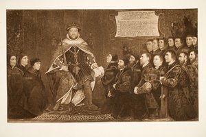 Heinrich VIII. gewährt eine Charta an die Barber-Surgeons von Hans Holbein der Jüngere