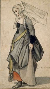 Figur einer jungen Engländerin in zeitgenössischer Kleidung von Hans Holbein der Jüngere
