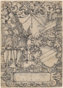 Ein Stifter mit einem Wappen (Schildbegleiter und Wappenschild mit Schrägbalken)