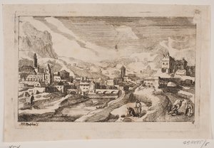 Berglandschaft mit dem barmherzigen Samariter im Vordergrund
