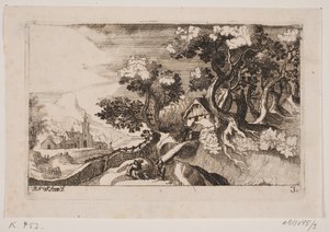 Landschaft mit einer Hütte zwischen Bäumen rechts