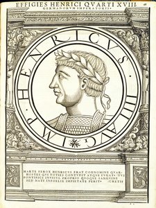 Henricus IIII, Illustration aus Imperatorum romanorum omnium orientalium et occidentalium verissimae imagines ex antiquis numismatis, Holzschnitt von Rudolph Wyssenbach, gedruckt von Andreas Gesner, Zürich von Hans Rudolf Manuel Deutsch