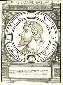 Henricus VI, Illustration aus Imperatorum romanorum omnium orientalium et occidentalium verissimae imagines ex antiquis numismatis, Holzschnitt von Rudolph Wyssenbach, gedruckt von Andreas Gesner, Zürich, 1559 von Hans Rudolf Manuel Deutsch