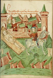 Ein nackter König, an ein Brett gebunden, wird aus der Stadt gezogen von Hans Schilling