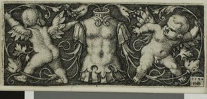 Ornament mit Rüstung und zwei Genien, aus Vier Vignetten
