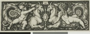 Ornament mit zwei Genien, die chimärische Tiere reiten von Hans Sebald Beham