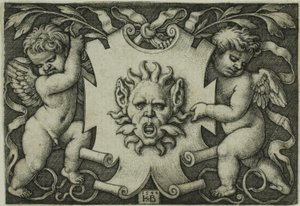 Ornament mit einer Maske, gehalten von zwei Genien