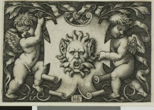 Ornament mit einer Maske, gehalten von zwei Genien