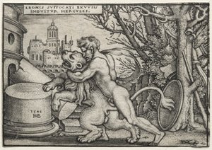 Die Arbeiten des Herkules: Herkules erwürgt den nemeischen Löwen von Hans Sebald Beham