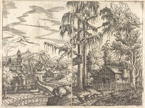 Landschaft mit Blick auf ein Bauernhaus und eine Stadt in der Nähe eines Flusses, 1551 von Hans Sebald Lautensack