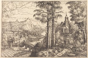 Ansicht einer Stadt in der Nähe eines Flusses mit einer Kirche auf der rechten Seite, 1553 von Hans Sebald Lautensack