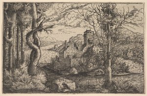 Ansicht auf einem Fluss, mit einer Burg auf einer Insel von Hans Sebald Lautensack