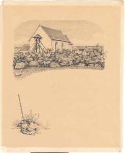 Illustration zu St. St. Blicher: "Mowns". V.o.: Kirche hinter Steinmauer; v.u.: Grabstätte (?) mit Spaten von Hans Smidth