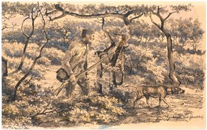 Wilderer mit Hund im Wald
