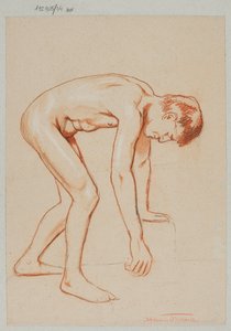 Akt eines jungen Mannes, der sich nach vorne beugt, im Profil dargestellt von Hans Thoma