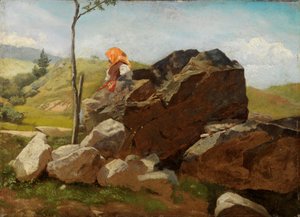 Felsblöcke mit sitzendem Bauernmädchen von Hans Thoma
