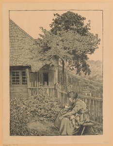 Frau mit Kind im Garten vor einem Haus im Schwarzwald