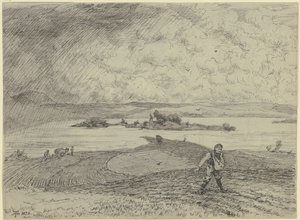 Landschaft mit Sämann, im Hintergrund ein See mit Insel von Hans Thoma