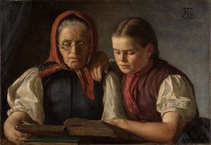Mutter und Schwester des Künstlers, in der Bibel lesend von Hans Thoma