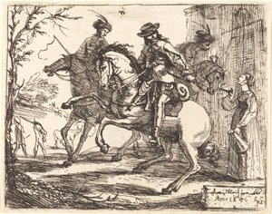 Drei Reiter vor einem Gasthaus