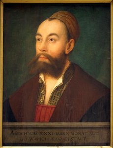 Porträt des Bankiers Anton Fugger (1493-1560) (im Text: dargestellt, wie er im Alter von 31 Jahren und 10 Monaten war) - Gemälde von Hans Maler genannt de Schwaz (1480-1526 oder 1529), Öl auf Leinwand, um 1525 - Deutsche Kunst des 16. Jahrhunderts - Musée 