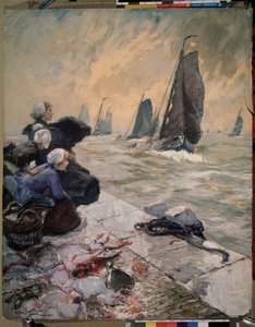 Die Frauen der Fischer. Die Frauen der Fischer beobachten die Segelboote ihrer Männer im stürmischen Meer von Hans von Bartels