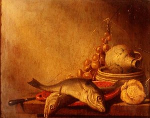 Eine Pfanne mit Fisch, ein Steinzeugkrug, Zwiebeln und Obst von Harmen van Steenwyck